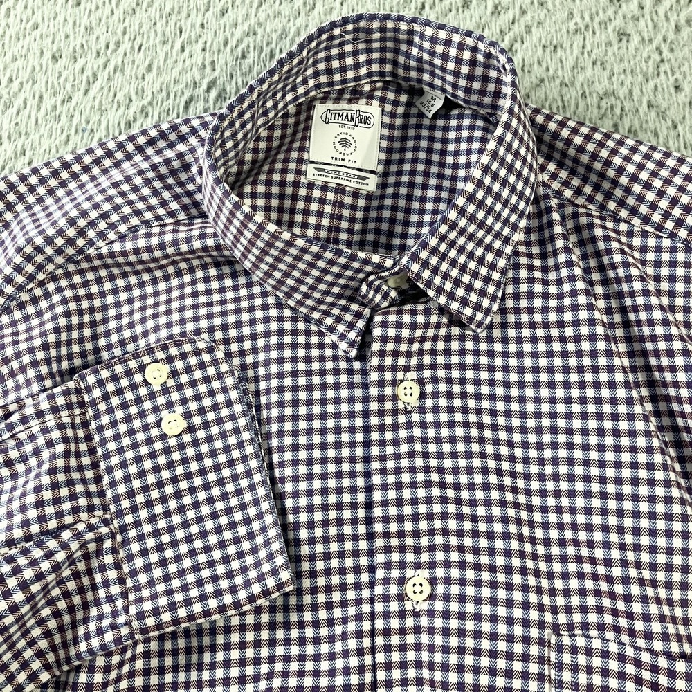 Gitman Bros Shirt Mens Medium Purple Check Trim Fit Stretch Button Down Made USA
